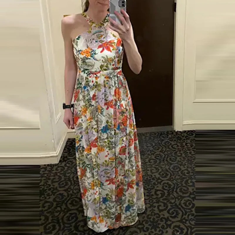 ﻿LIZAKOSHT  -  Women Floral Print A-line Beach Dress Elegant High Waist Full Length Swing Maxi Dress All Match Off Shoulder Party Dress Spring