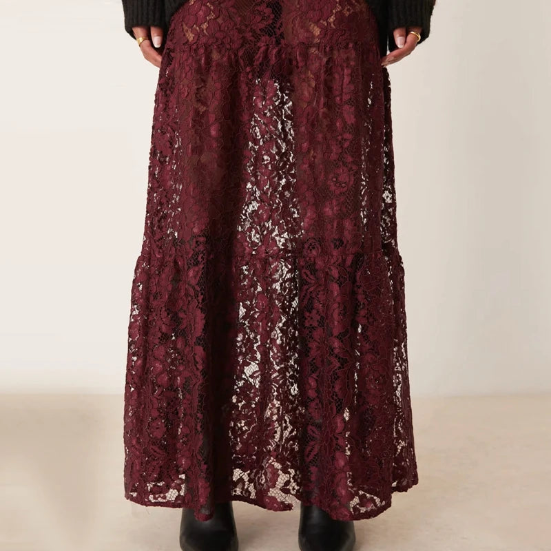 LIZAKOSHT  -  Y2k Vintage Floral See-Through Maxi Skirt Aesthetic Clothes Lace Sheer A-Line Skirt Women High Street Beach Vacation