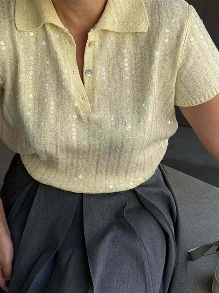 LIZAKOSHT  -  Elegant Solid Sequins Knitted Slim Tops For Women Fashion Lapel Buttons Short Sleeve T-shirt 2024 Summer New Female Streetwear