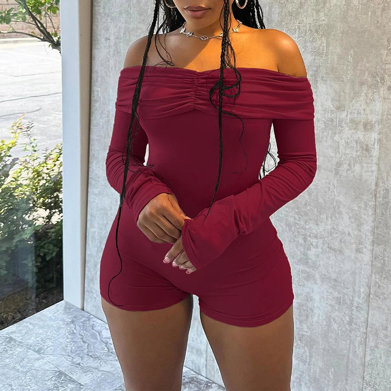 LIZAKOSHT  -  Off Shoulder Long-sleeved Solid Ruched Bodycon Romper Fashion Autumn Women Skinny Slash Neck One Piece Onesies Clubwear Outfits