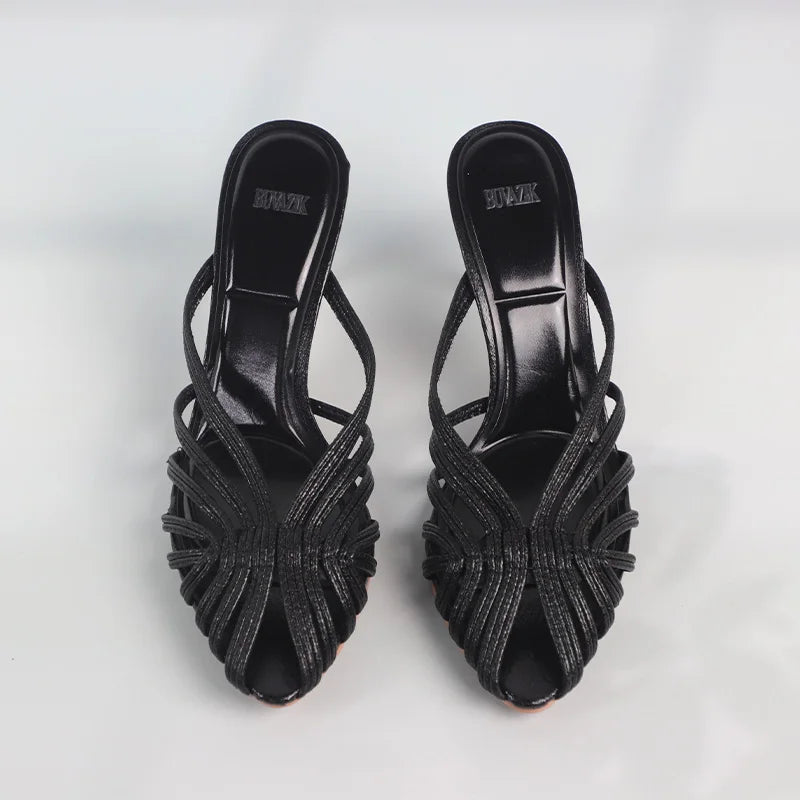 LIZAKOSHT  -  Summer Hollowed Out High Heels Mules Shoes for Women Luxury Golden Cross Woven Design Formal Party Brand Ladies Modern Sandals