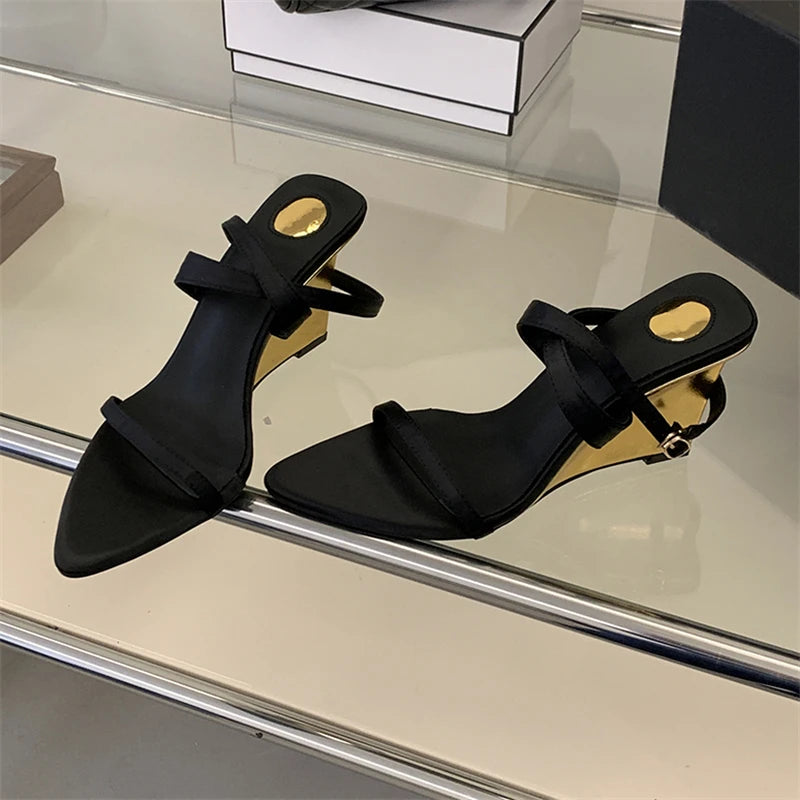 LIZAKOSHT  -  Summer Street Style Design Wedges Heels Women Sandals Buckle Strap Pointed Toe Banquet Ladies Pumps Shoes