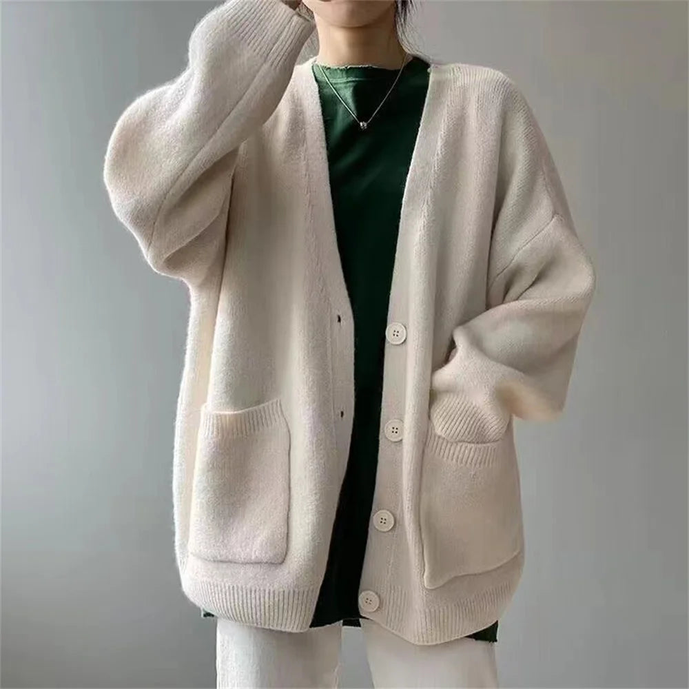 LIZAKOSHT  -  Autumn Winter Button Knitted Top for Women V-neck Ladies Sweaters Cardigan Korean Fashion Vintage Warm Women's Clothing Top