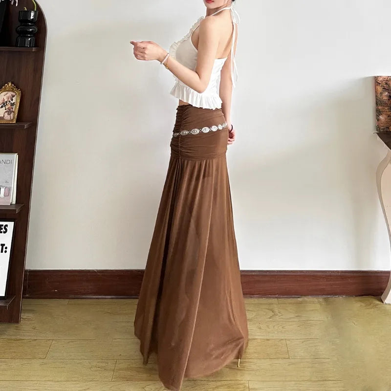 LIZAKOSHT  -  Fashion Elegant 2-Piece Set Women Cross Halter Hollow Ruffles Irregular Hem Vests+Folds Mesh Long Skirt Vacation Matching Suits