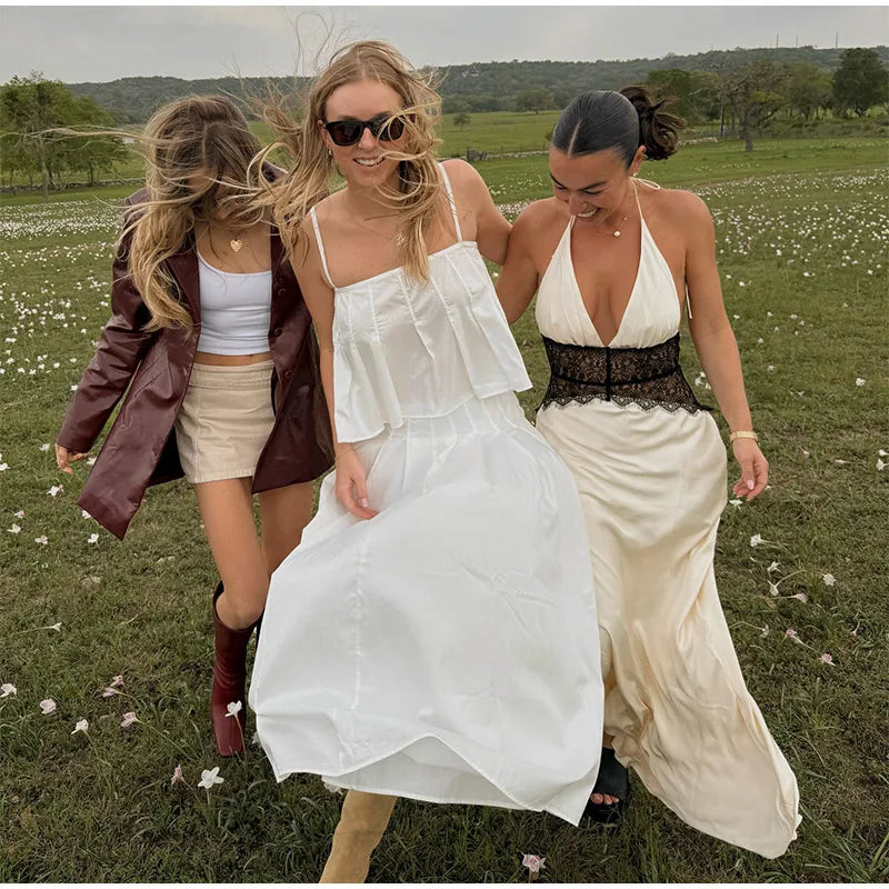 LIZAKOSHT  -  Patchwork Lace Long Dress For Women Deep V-neck Halter Sleeveless Draped Backless Robe 2025 Summer Elegant Female Party Dresses
