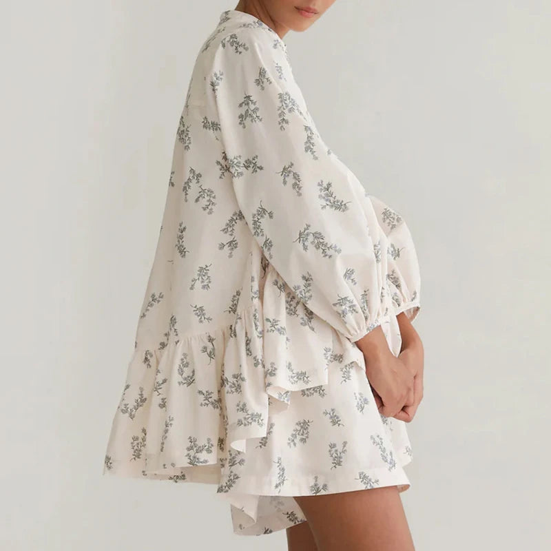 LIZAKOSHT  -  2025 French Style 2pcs Set Puff Sleeve Blouse & Printed Shorts High Neck Ruffle Trim Elegant Coords for Spring Summer