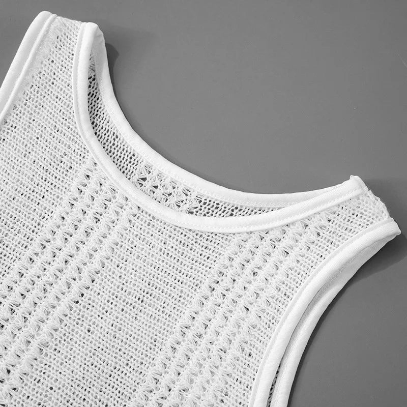 LIZAKOSHT  -  Street Wear White Knitted Round Collar Sleeveless Summer Irregular Hem Midi Dress See Through Bodycon Holiday Beach Dresses