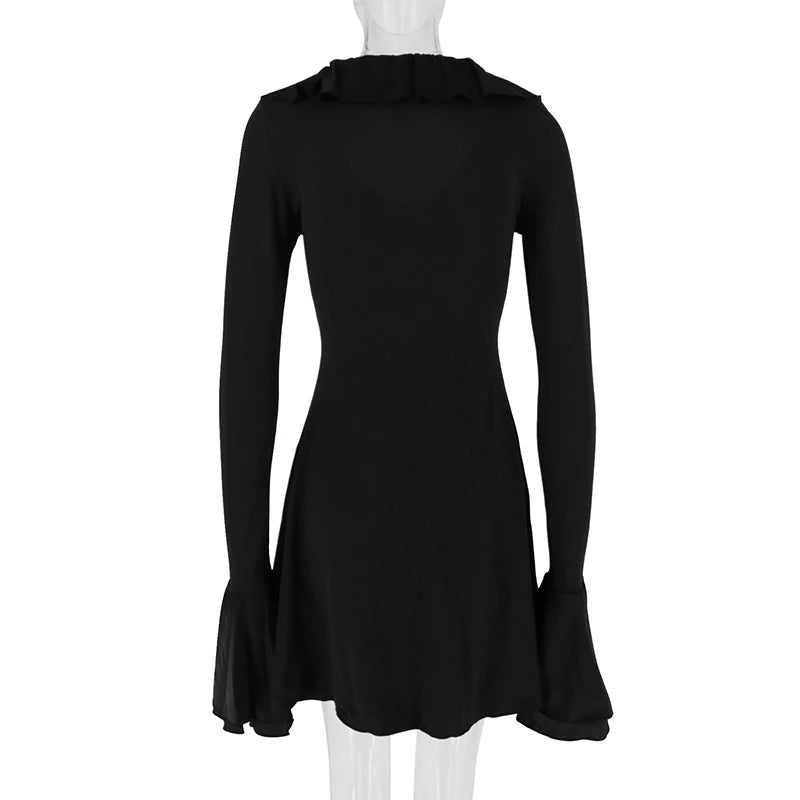 LIZAKOSHT  -  Spring Autumn Deep V Neck Flare Sleeve A-line Mini Dress New Fashion Slimming Chic Birthday Party Lady Night Out Vestidos