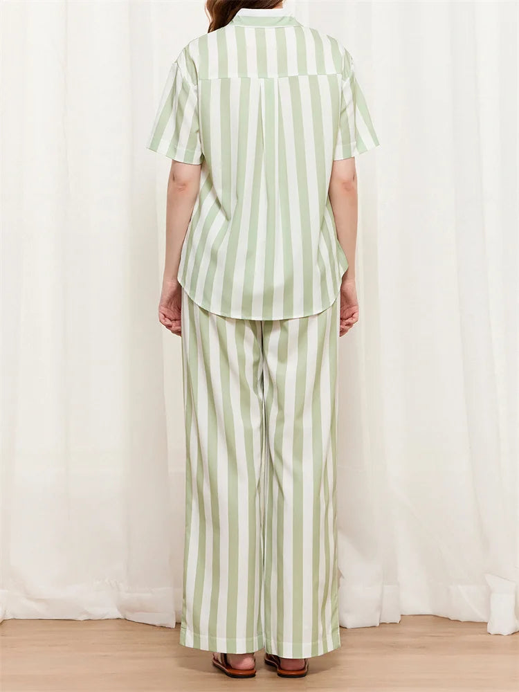 LIZAKOSHT  -  Women Striped Print 2 Pieces Pajama Set Short Sleeve Buttons Up Shirts with Elastic Waist Wide Leg Pants Outfits