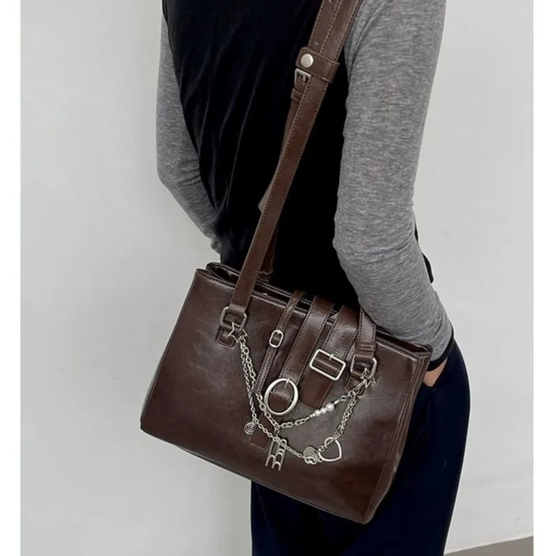 LIZAKOSHT  -  Sweet Cool Brown Shoulder Bags Purse Women High Street Leather Chain Handbag Ladies Moto Biker Casual The Tote Bag Y2k