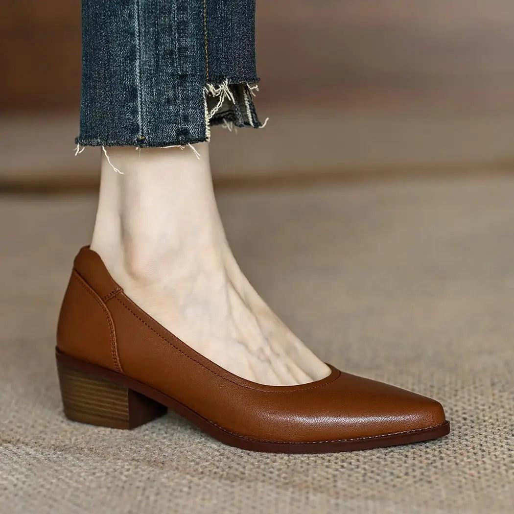 LIZAKOSHT  -  Women's Shoes Pumps Retro Brown Pointed Toe Thick Heels Spring Autumn Office Ladies Dress Pu Leather Fashion Elegant Woman Shoes