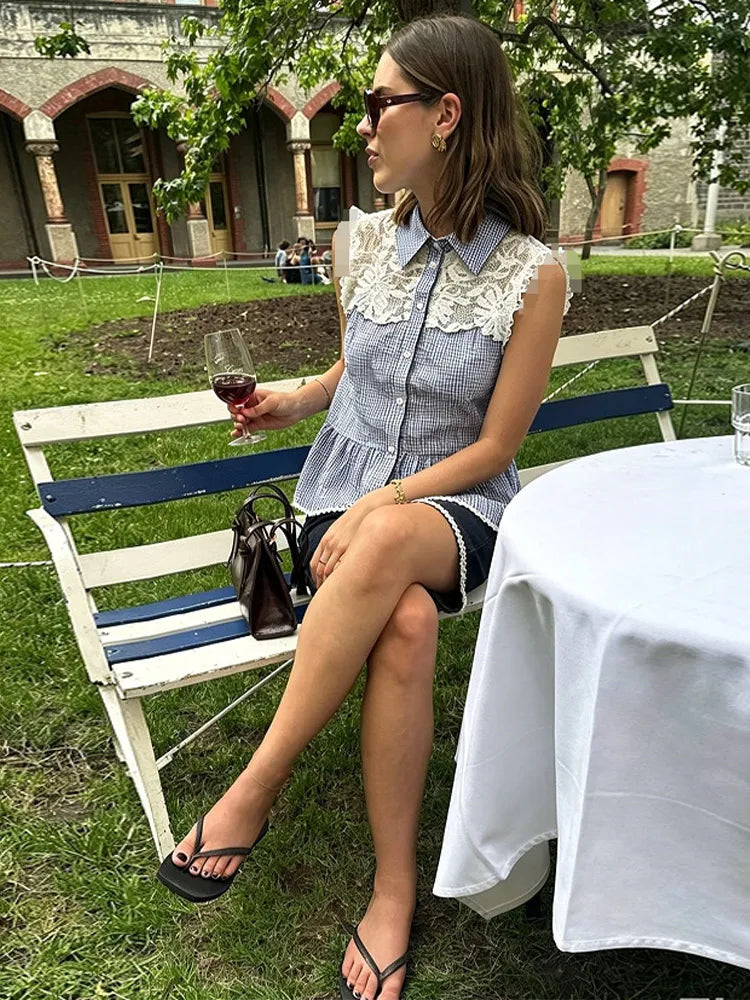 LIZAKOSHT  -  Lace Collar Sleeveless Peplum Blouse Collared Peplum Gingham Summer Chic Sweet Women Casual Preppy Casual Top