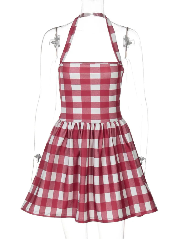 LIZAKOSHT  -  Sexy Halter Plaid Print Mini Dress Off-shoulder Sleeveless Spaghetti Strap Backless High Waist Red A-line Holiday Dress