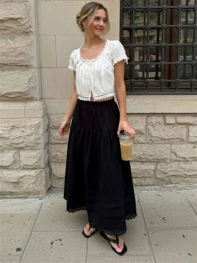LIZAKOSHT  -  White High Waist Lace Long Skirt Female Pleated Casual Basic Summer Solid Loose Elegant Maix Skirt Women's Clothes Femme