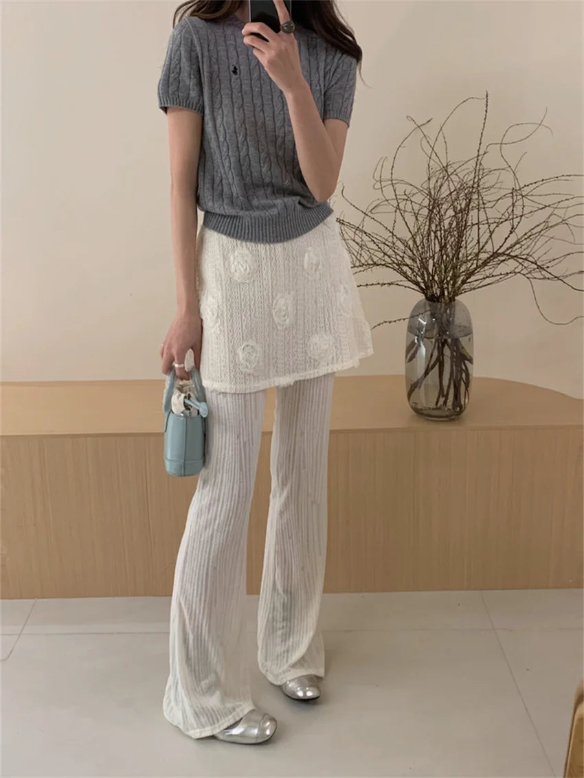LIZAKOSHT  -  New Slim Flare Fake Two Piece Trousers Women Loose Wide Leg All Match High Street Summer Chic Pants Florals Casual