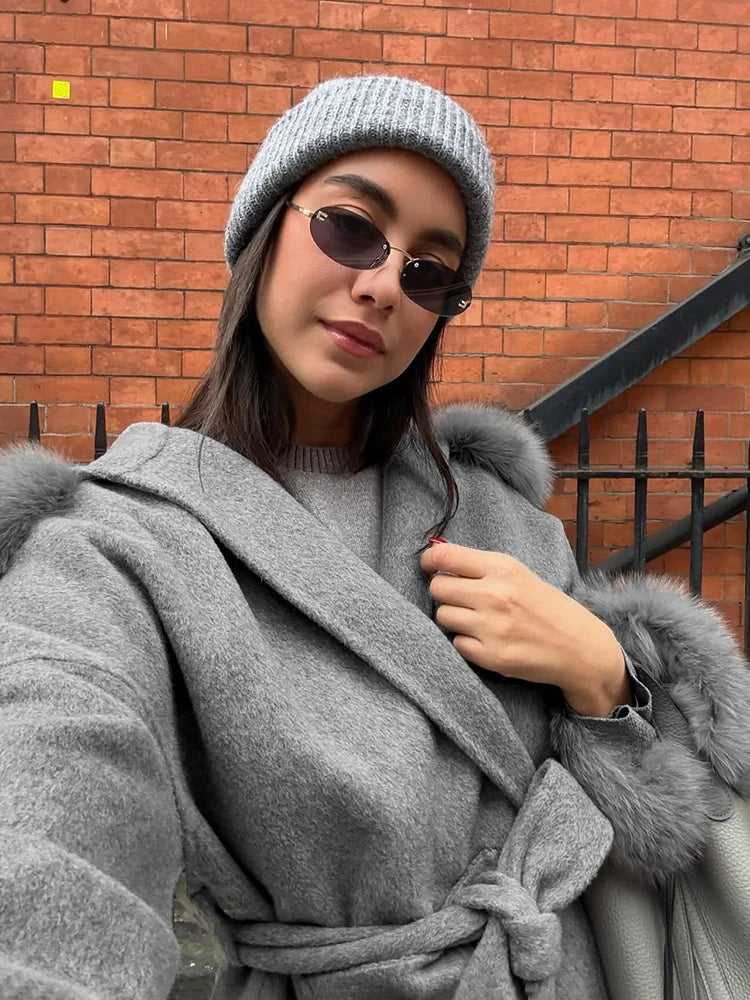 LIZAKOSHT  -  Elegant Lace Up Fur Patchwork Coat Women Loose Solid Long Sleeve V-neck Open Stitch Coats Female Autumn Fashion Jacket