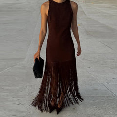 LIZAKOSHT  -  Women's Solid Sleeveless Maxi Dress Fashion O-neck Backless Patchwork Tassel Hem Dress Lady Spring Elegant Party Vestidos