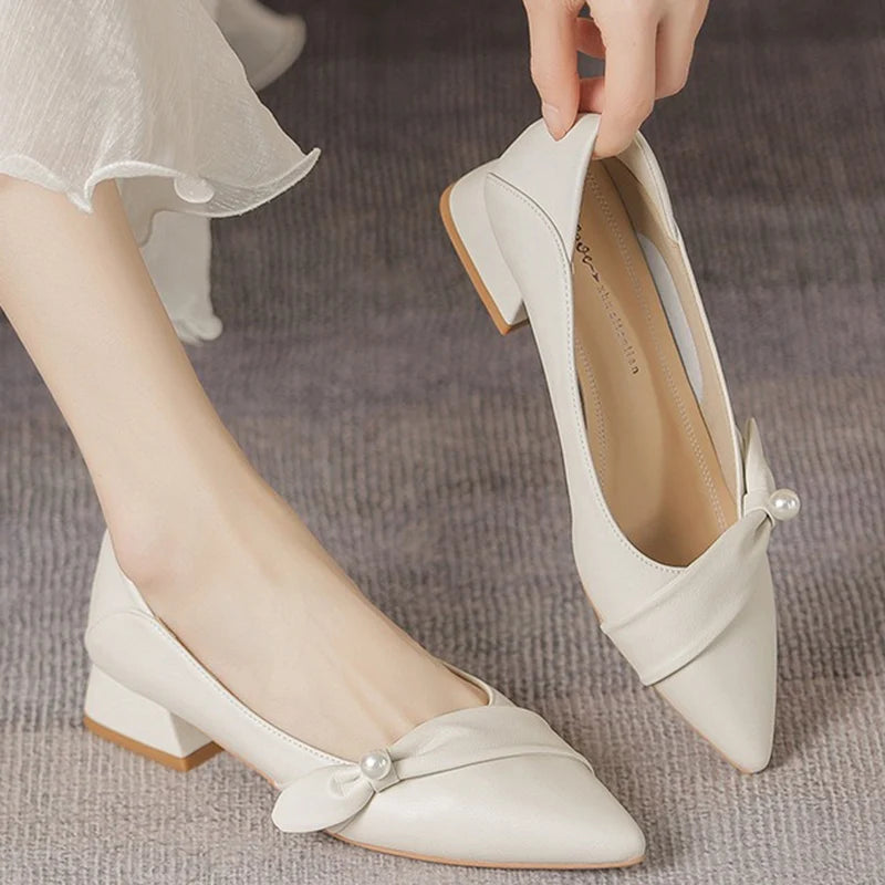 LIZAKOSHT  -  New Women 2.5cm High Heels Retro Style Pumps Female Elegant Pearl Pointed Toe Block Heels Lady Fashion Shallow Party Shoes