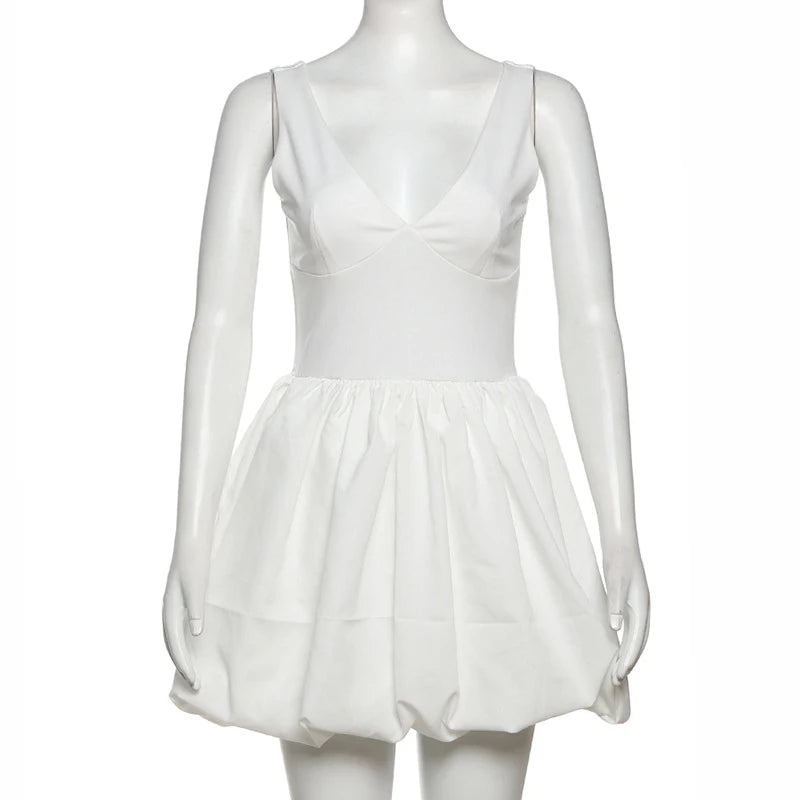 LIZAKOSHT  -  Fashion Cute Girl's Puffy Mini Dress Sleeveless Deep V Neck High Waist Pure Color Fluffy Summer Holiday Party Short Vestidos