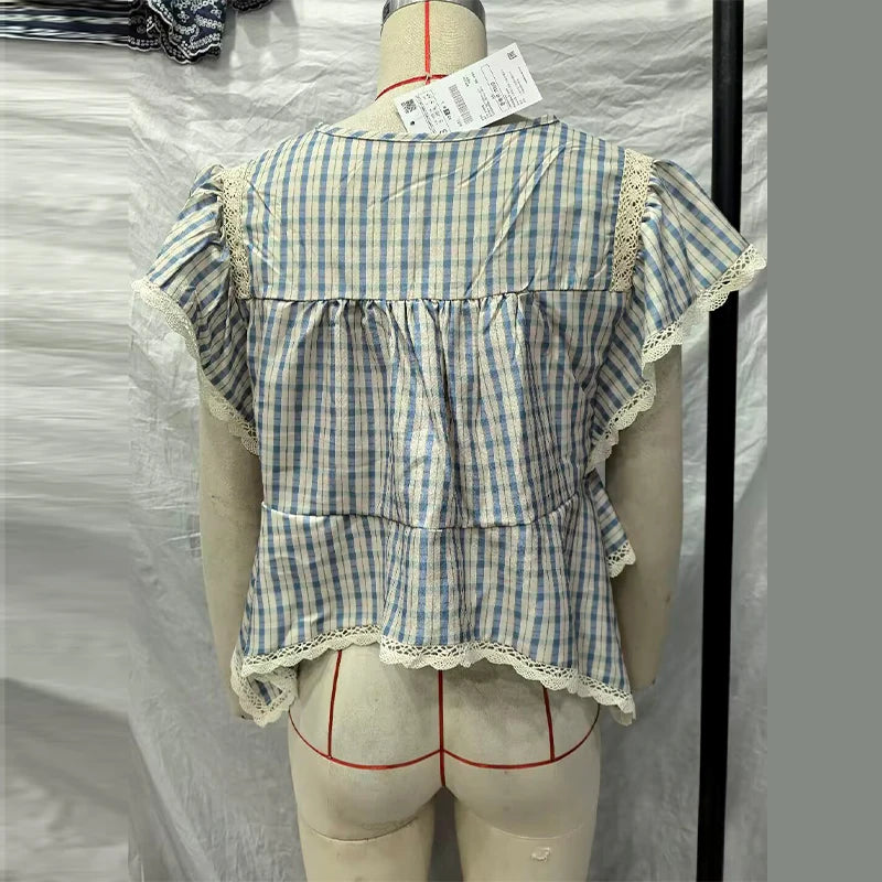 LIZAKOSHT  -  Embroidered Plaid Ruffle  Top Round Neck Uneven Flounce Hem Spring Summer Picnic  Lady Women Cottage Vintage Sweet  Outfit