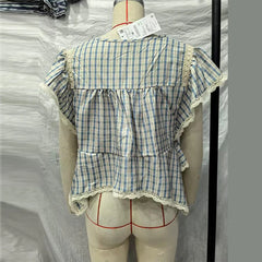 LIZAKOSHT  -  Embroidered Plaid Ruffle  Top Round Neck Uneven Flounce Hem Spring Summer Picnic  Lady Women Cottage Vintage Sweet  Outfit