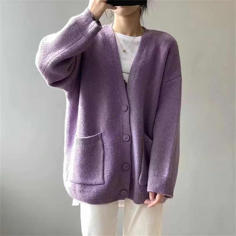 LIZAKOSHT  -  Autumn Winter Button Knitted Top for Women V-neck Ladies Sweaters Cardigan Korean Fashion Vintage Warm Women's Clothing Top