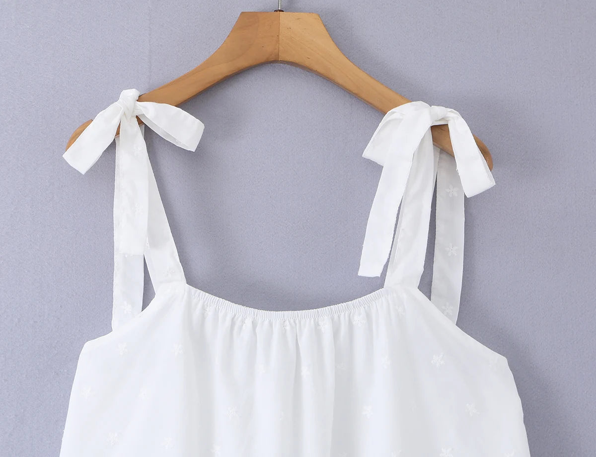 LIZAKOSHT  -  Bohemian White Embroidery Flower Tide Bow Spaghetti Strap Dress Woman Wood ears Ruffles Hem Swing Loose Swing Mini Dresses Robe