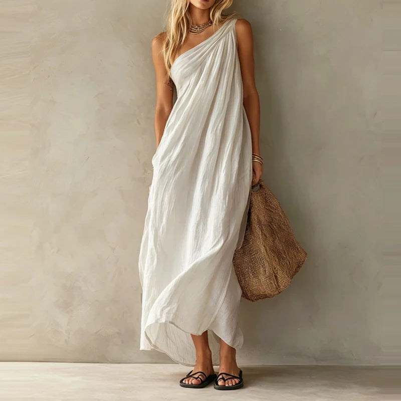 LIZAKOSHT  -  Cotton Linen Casual Pocket Solid Long Dress Elegant Draped Hight Waist Women Dress Sleeveless Slanted Shoulder Loose Party Dress