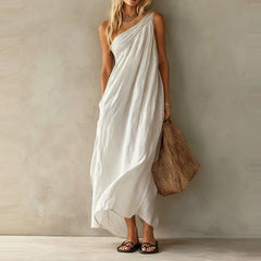 LIZAKOSHT  -  Cotton Linen Casual Pocket Solid Long Dress Elegant Draped Hight Waist Women Dress Sleeveless Slanted Shoulder Loose Party Dress
