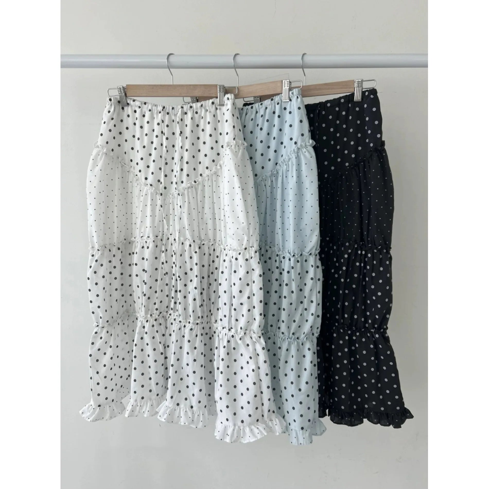 LIZAKOSHT  -  Mint Green Polka Dot Half Skirt with Lace Splicing Retro  Style Korean Waist Design Polyester Fabric H-Shape Long Skirt
