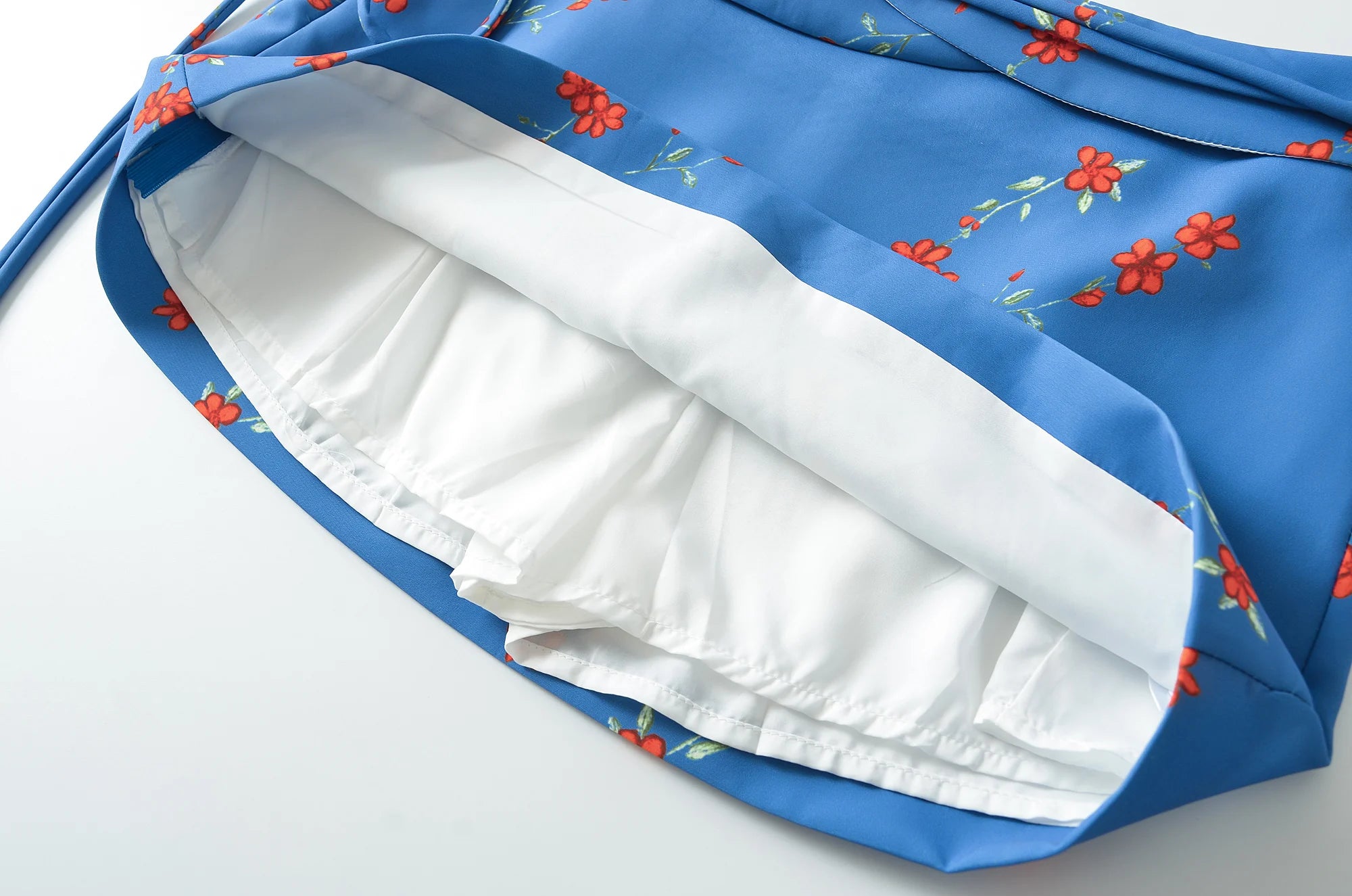 LIZAKOSHT  -  Summer Girl Bandage Lacing Up Sashes Ruched Waist Blue Floral Print Mini Skirts Fashion Women Zip up Waist A-lined Short Skirts