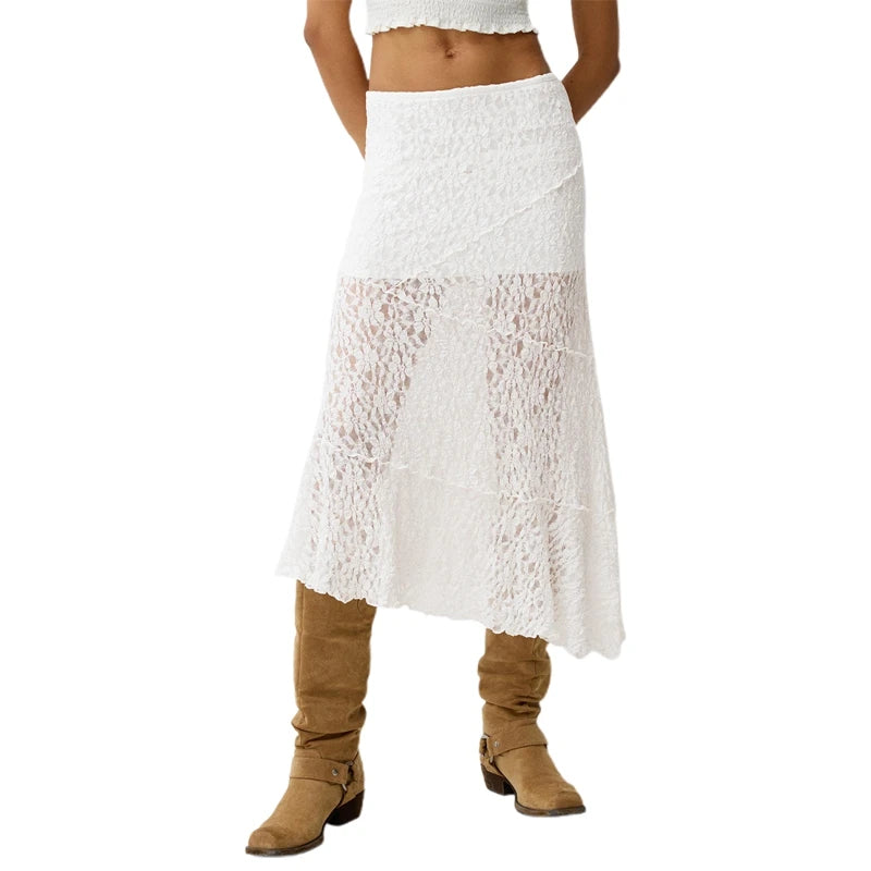 LIZAKOSHT  -  Vintage Lace Midi Skirt Floral Sheer See-Through Irregular Hem A-line Skirt Fairy Streetwear Chic Women Long Skirt