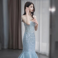 LIZAKOSHT -  Sky Blue Celebrity Dress Spaghetti Strap Woman Sequins Mermaid Chapel Train Beading Wedding Beach Party Evening Gowns For Bride