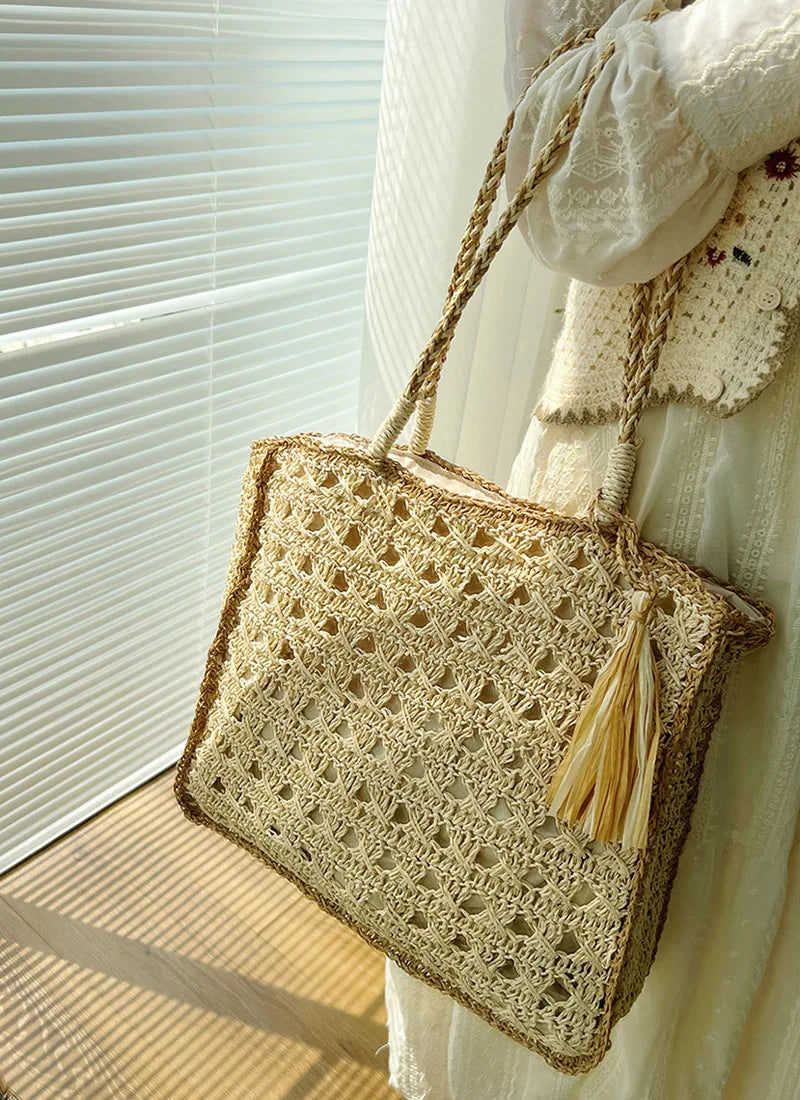 LIZAKOSHT  -  Mesh Crochet Beach Bags Women Hollow Out Straw Woven Tote Bag Seaside Vacation Square Knitted Handbag with Tassel