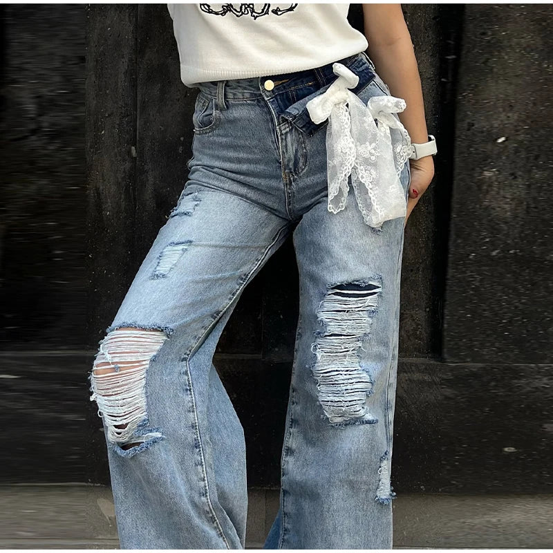 LIZAKOSHT  -  Y2k Bow Lace Ripped Holes Woman's Denim Pants Baggy Wide Leg Jeans Dragging Hollow Out Fashion Chic Casual High Street Pants