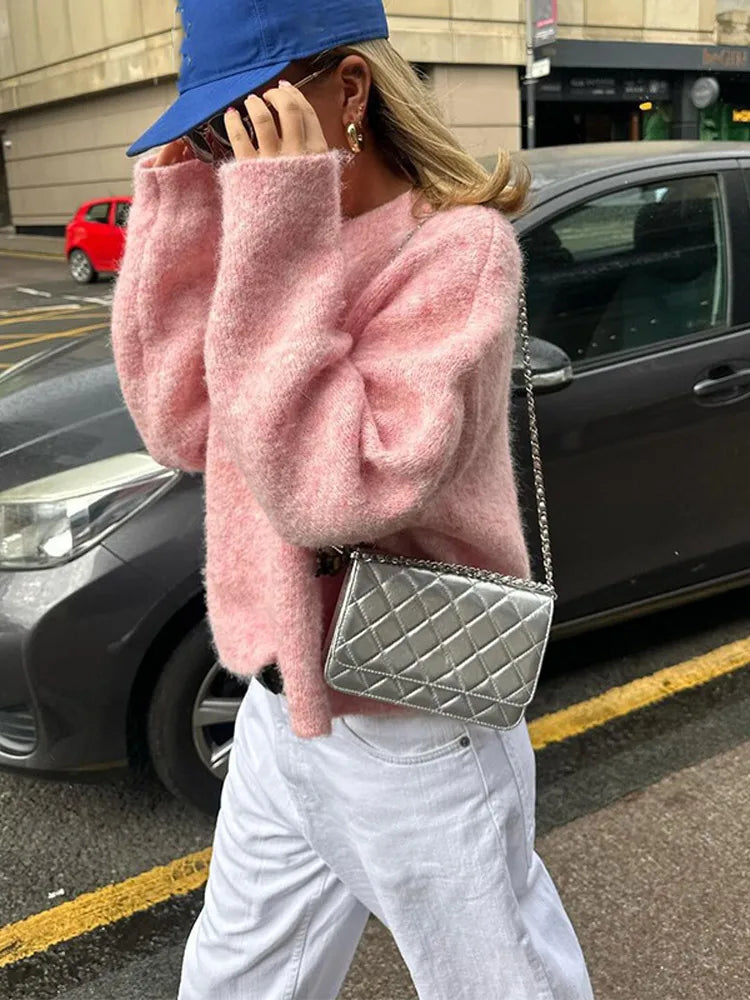 LIZAKOSHT  -  Casual Oversize Pink Women's Cashmere Base Sweater Fashion Long Sleeve Solid Round Collar Pullover New Lady High Streetwear