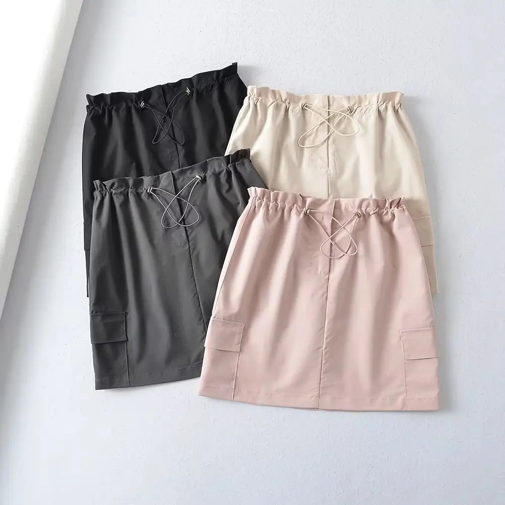 LIZAKOSHT  -  Women Elastic Adjust Drawstring Rope Ruched High Waist Skirts Y2K Pockets on Side Cargo Mini Safari Skirt American Retro