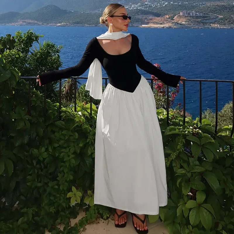 LIZAKOSHT  -  Fashion Autumn and Winter New Women's Fashion Contrast Sexy U-neck Long Sleeves Waist Big Swing Dress for Women