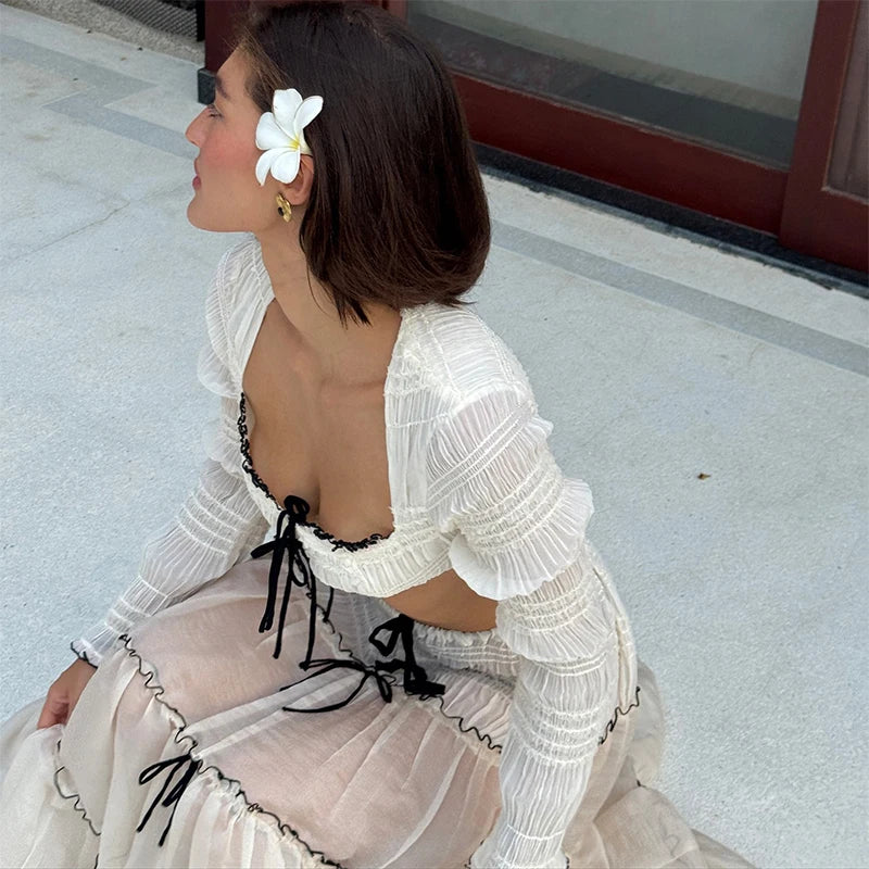 LIZAKOSHT  -  Sexy Lace Up Short Tops Skirt 2pcs Women Sets Slim Long Sleeve Crop Top With Chiffon Ruffle Long Skirt Lady Summer Chic Robes