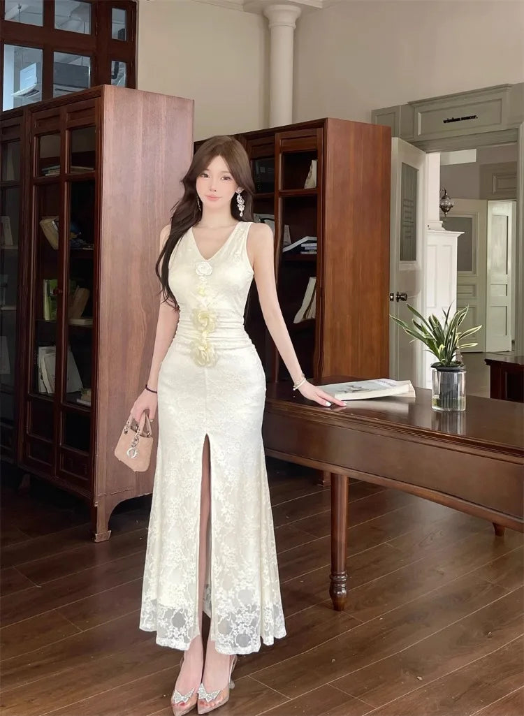 LIZAKOSHT  -  Elegant Dresses Women Flowers Lace Patchwork Sleeveless Halter Slim Split Temperament Party Dress Summer Fashion