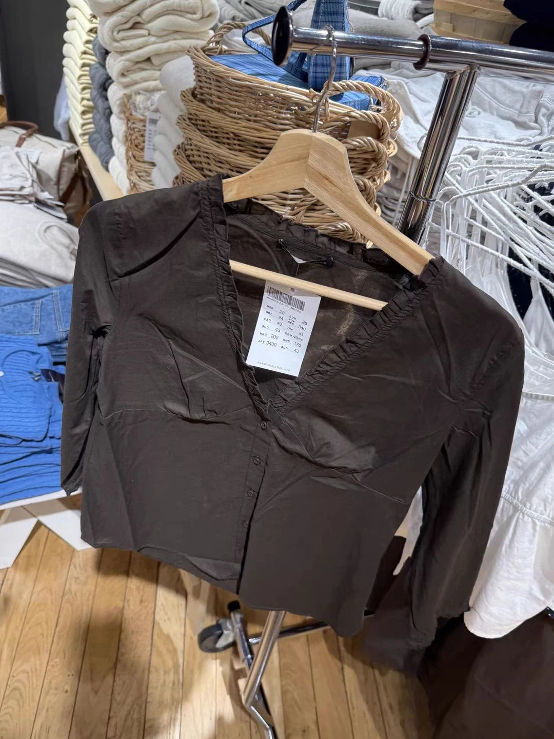 LIZAKOSHT  -  Ruffles Three Quarter Sleeve T-shirt Blouse Woman Autumn V-neck Single Breasted Cotton Slim Casual Shirts Brown Vintage Tops