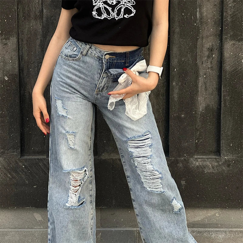 LIZAKOSHT  -  Y2k Bow Lace Ripped Holes Woman's Denim Pants Baggy Wide Leg Jeans Dragging Hollow Out Fashion Chic Casual High Street Pants