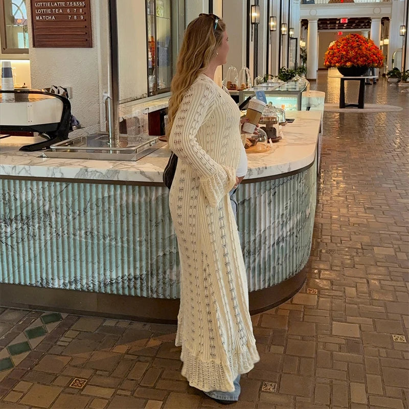 LIZAKOSHT  -  Fashion Hollow Out Long Knitted Cardigans Chic Single Breasted Flared Sleeve Design Outwear Lady Loose Fit Commute Office Coat