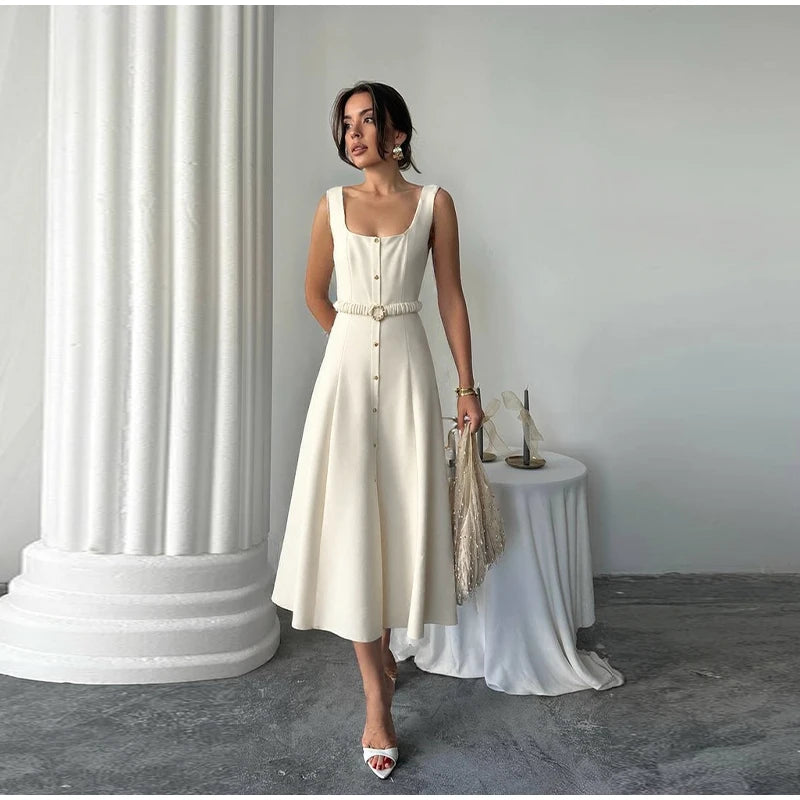 LIZAKOSHT  -  Elegant Single-Breasted Belt Sling Dress Women Fashion Sleeveless Waist-Cinching Pleated Robe 2025 Female Office New Dresses
