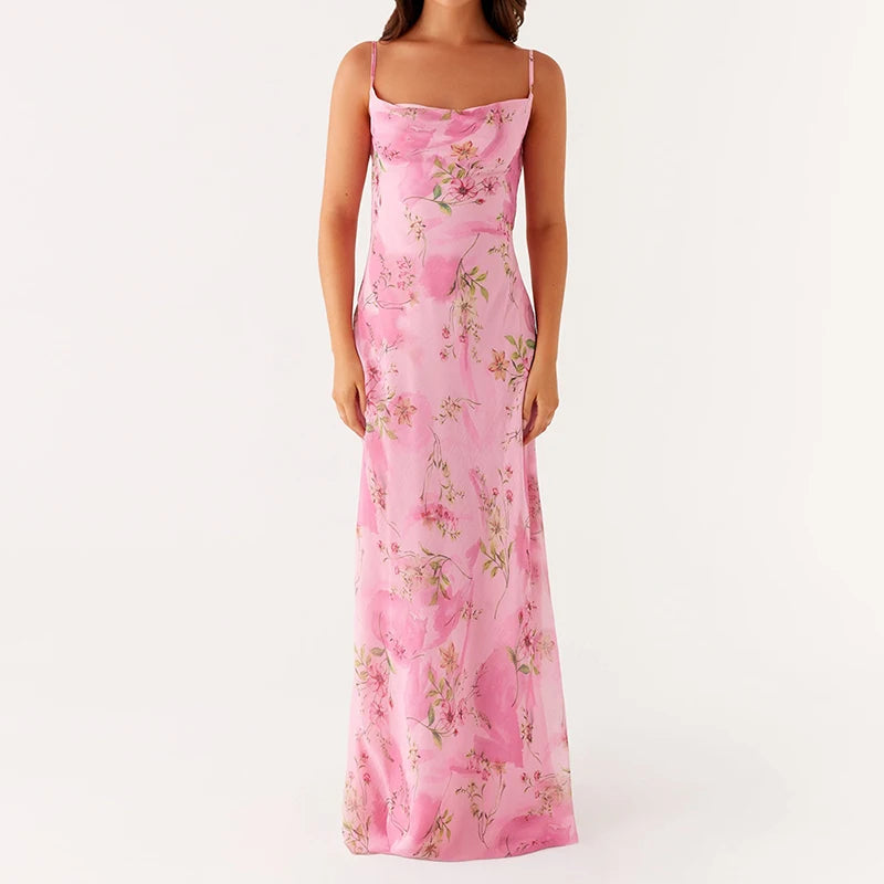 LIZAKOSHT  -  Floral Dress Women Spaghetti Strap Cowl Neck Backless Maxi Dresses Ladies Elegant Formal Long Dress Club Party Night