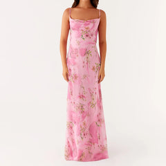 LIZAKOSHT  -  Floral Dress Women Spaghetti Strap Cowl Neck Backless Maxi Dresses Ladies Elegant Formal Long Dress Club Party Night