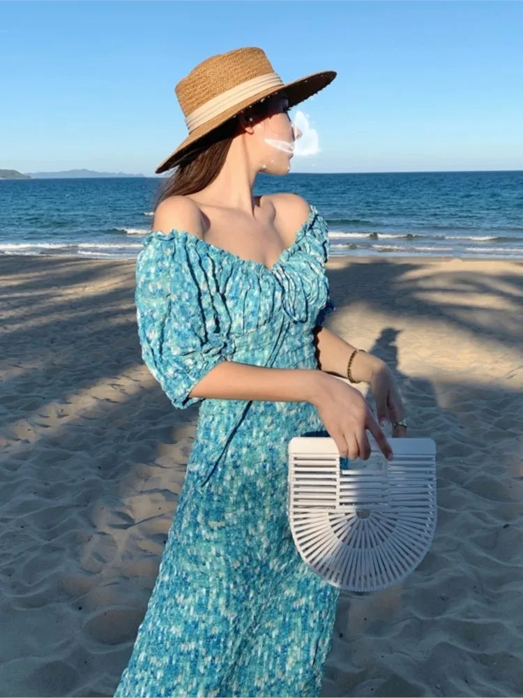LIZAKOSHT  -  Elegant Holiday Puff Sleeve Long Dress Blue Print Off Dress For Women Sexy Korean High Waist Beach Vestido