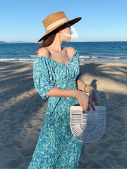 LIZAKOSHT  -  Elegant Holiday Puff Sleeve Long Dress Blue Print Off Dress For Women Sexy Korean High Waist Beach Vestido