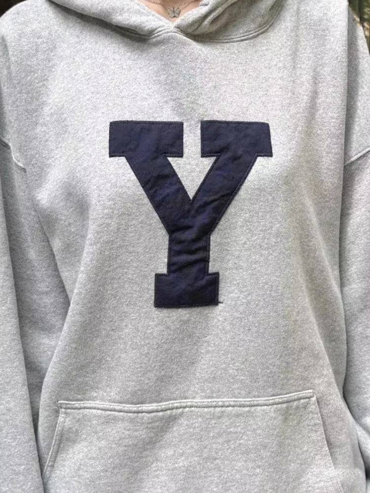 LIZAKOSHT  -  Casual Women Grey Embroidery Hoodies Fall Fashion Long Sleeves Sweatshirts Female Loose Pullovers