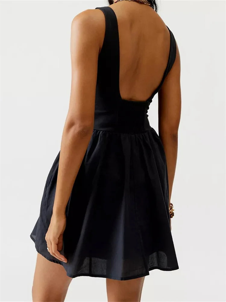 LIZAKOSHT  -  Women Dress Sleeveless Round Neck Backless Solid A-line Dress Summer Party High Waist Streetwear Female Vestidos